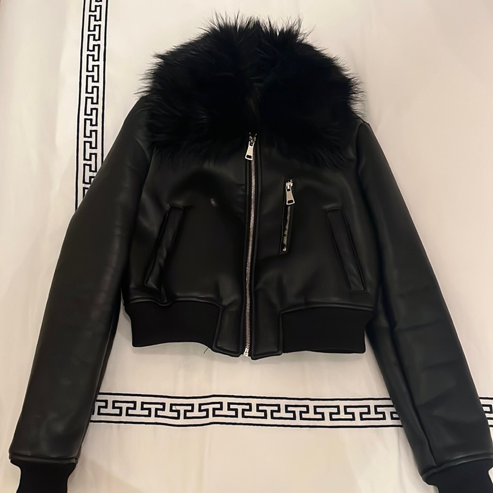 Black PU leather Cropped Bomber jacket - winter warm